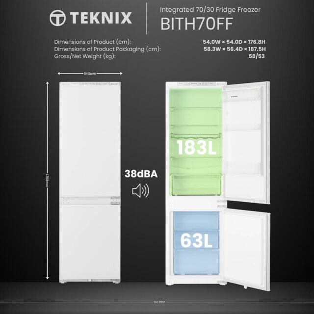 Teknix BITH70FF 70/30 Integrated Fridge Freezer Total No Frost - White
