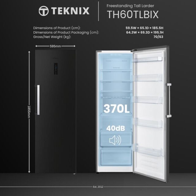 Teknix TH60TLBIX 60cm Tall Larder Fridge with Metal Tech Cooling - Stainless Steel