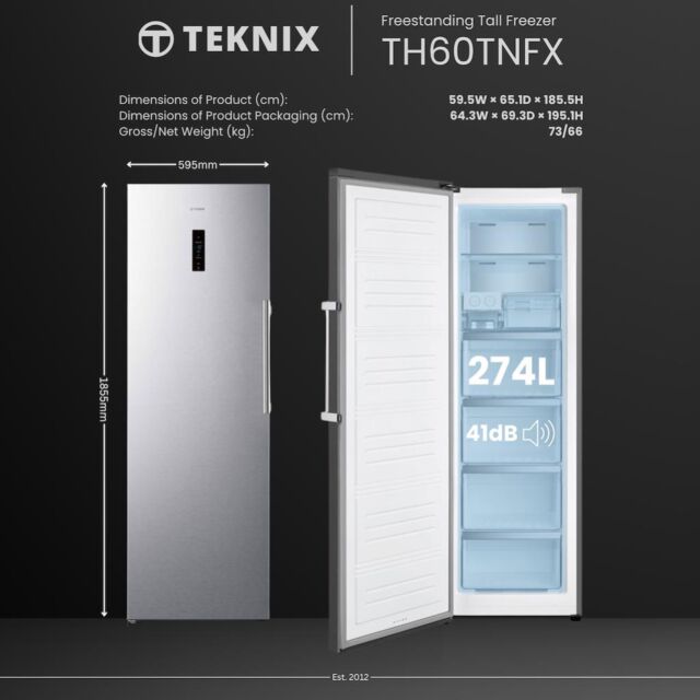 Teknix TH60TNFX 60cm Tall Frost Free Freezer with Metal Tech Cooling - Stainless Steel