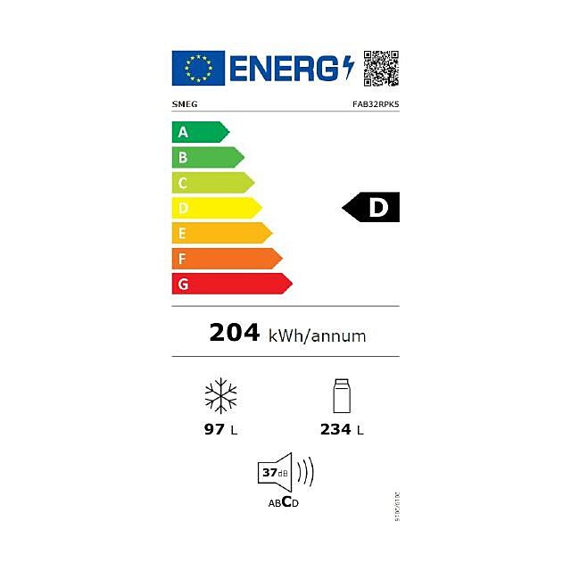 Smeg FAB32RPK5 60cm 50s Style Right Hand Hinge Fridge Freezer, Pink