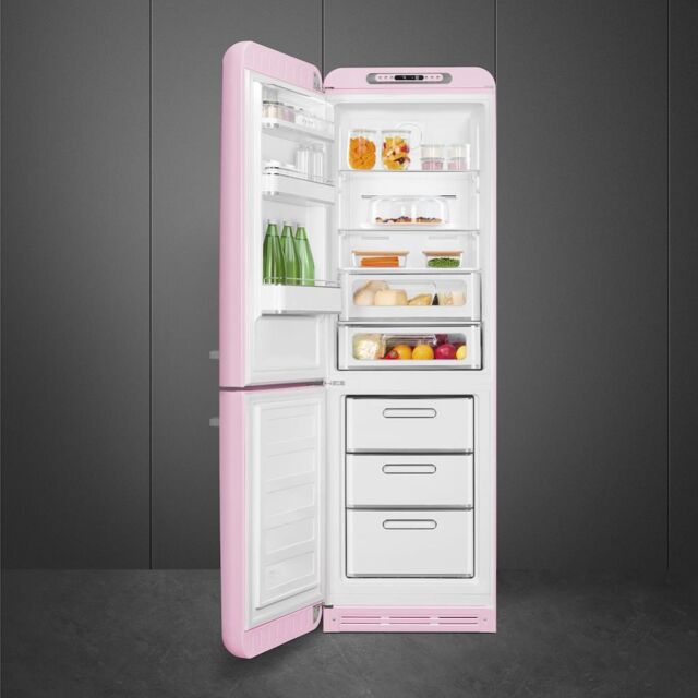 Smeg FAB32LPK5 60cm 50s Style Left Hand Hinge Fridge over Freezer, Pink