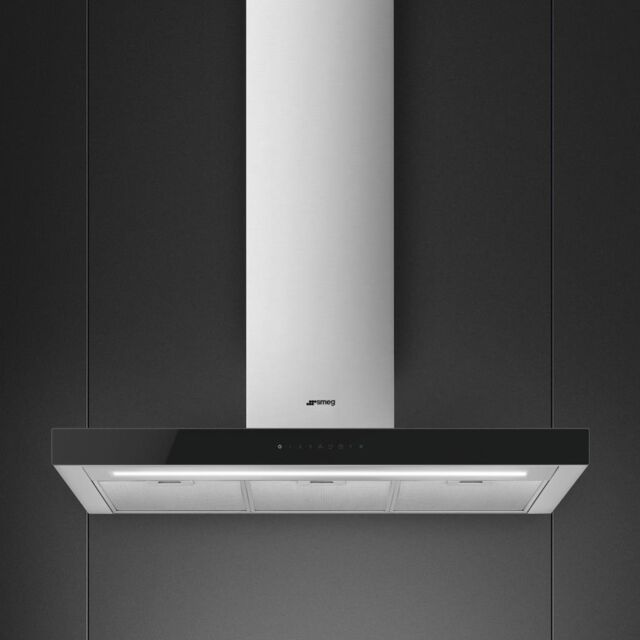 Smeg KBT9L4VN 90cm Chimney Hood, Stainless Steel with Black Glass Facia Auto