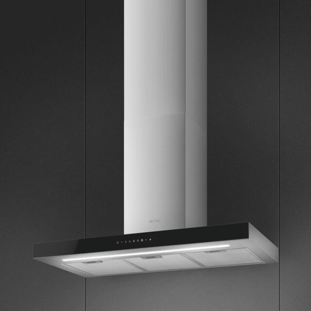 Smeg KBT9L4VN 90cm Chimney Hood, Stainless Steel with Black Glass Facia Auto