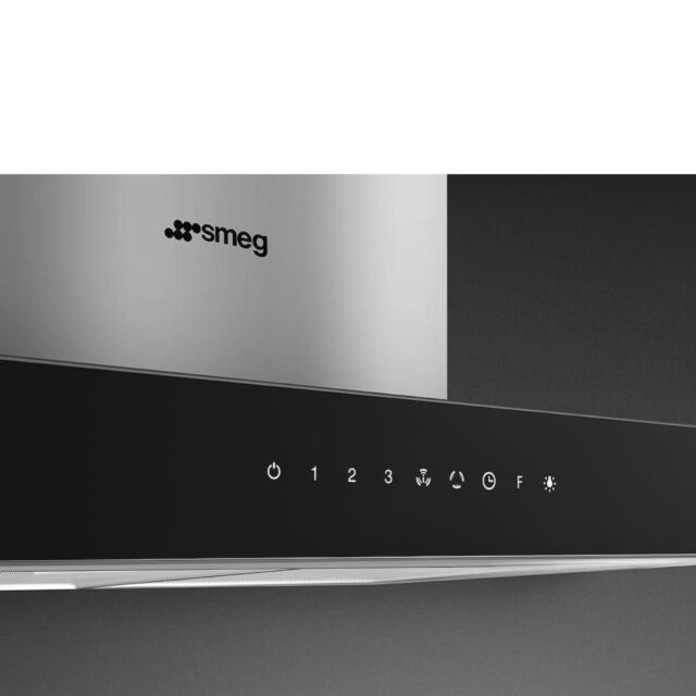 Smeg KBT9L4VN 90cm Chimney Hood, Stainless Steel with Black Glass Facia Auto