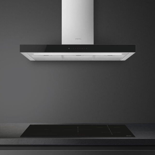 Smeg KBT9L4VN 90cm Chimney Hood, Stainless Steel with Black Glass Facia Auto