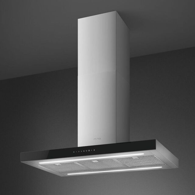 Smeg KBTI9L4VN 90cm Island Hood, Stainless Steel with Black Glass Facia Auto