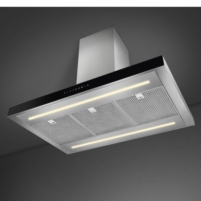 Smeg KBTI9L4VN 90cm Island Hood, Stainless Steel with Black Glass Facia Auto