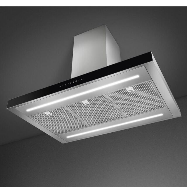 Smeg KBTI9L4VN 90cm Island Hood, Stainless Steel with Black Glass Facia Auto