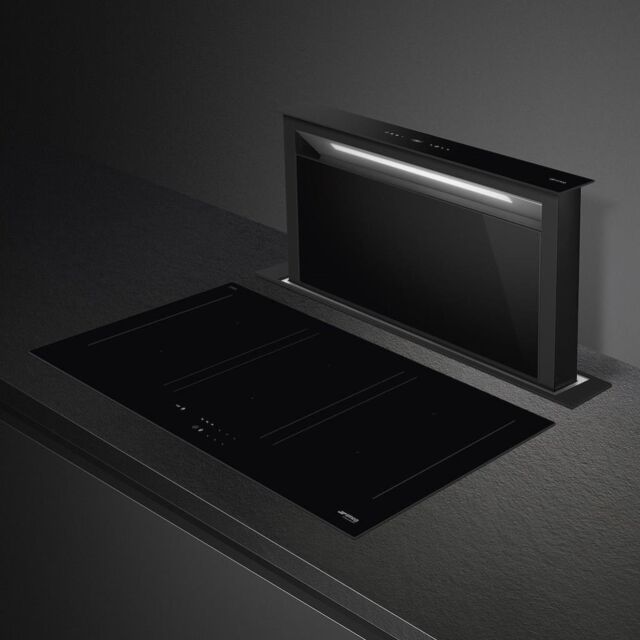 Smeg KDD90CNE 90cm Island Downdraft Hood, Black Glass
