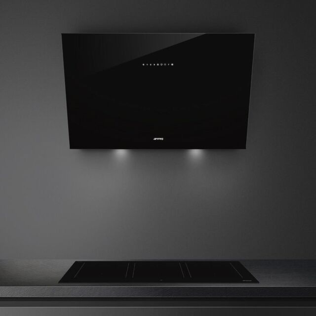 Smeg KV394N 90cm Angled Chimney Hood in Black Glass Auto Vent 2.0