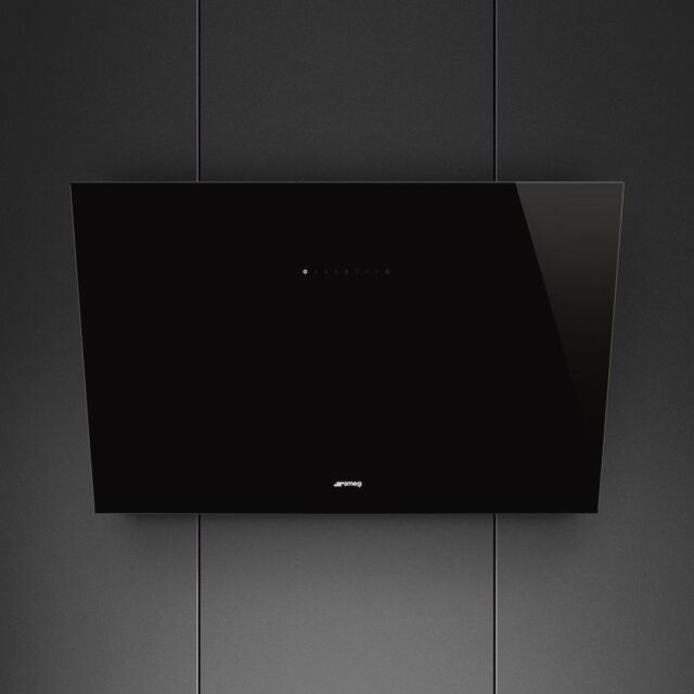 Smeg KV394N 90cm Angled Chimney Hood in Black Glass Auto Vent 2.0