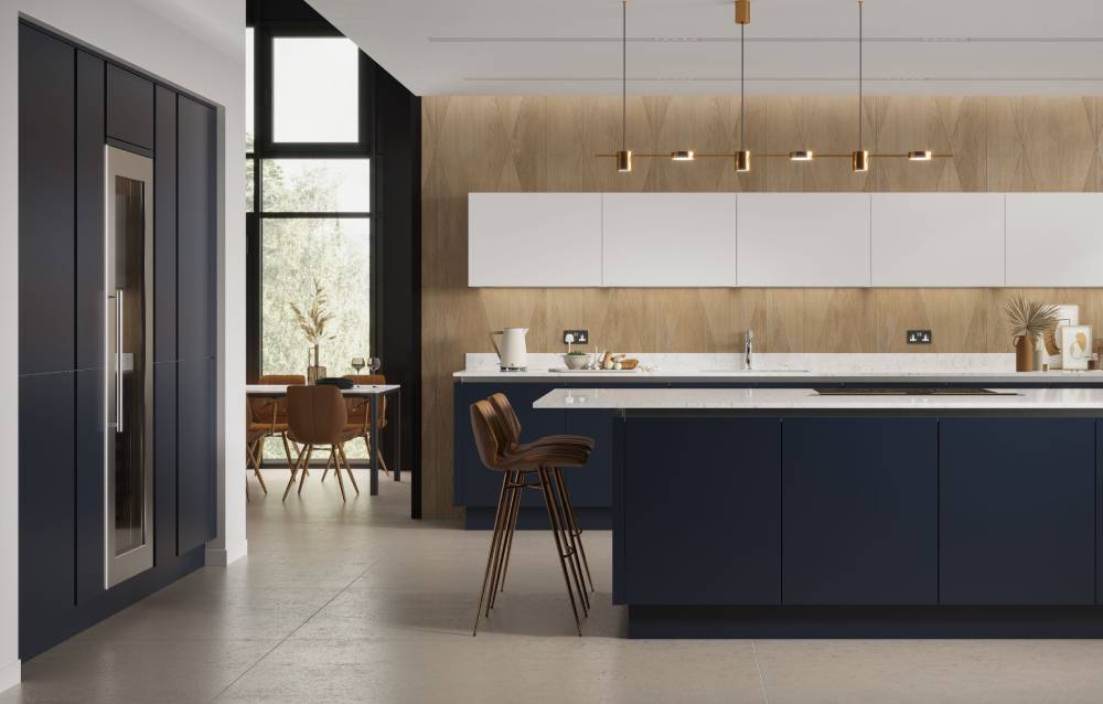 Modern Kitchen with white door-fronts and brown worktops.