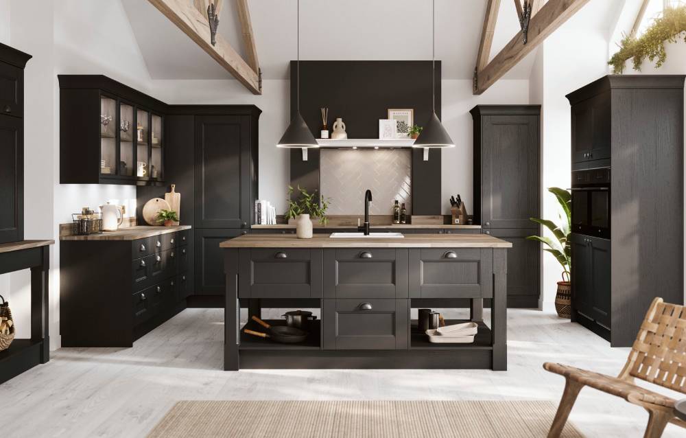 Shaker Kitchen with pale-blue door-fronts and white worktops.