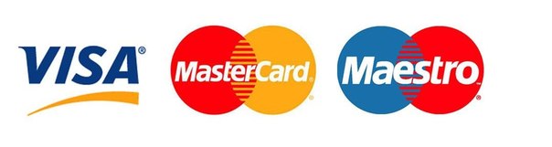 Visa, MasterCard, and Maestro logos.